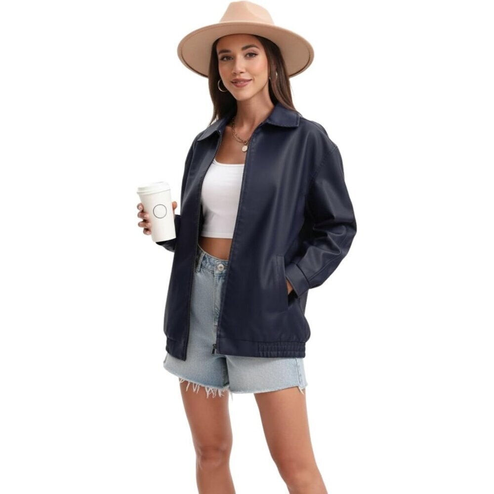 Womens Oversized Faux Leather Jacket Zip Up Motorcycle Loose Fit Fall Outfits - Picture 2 of 6